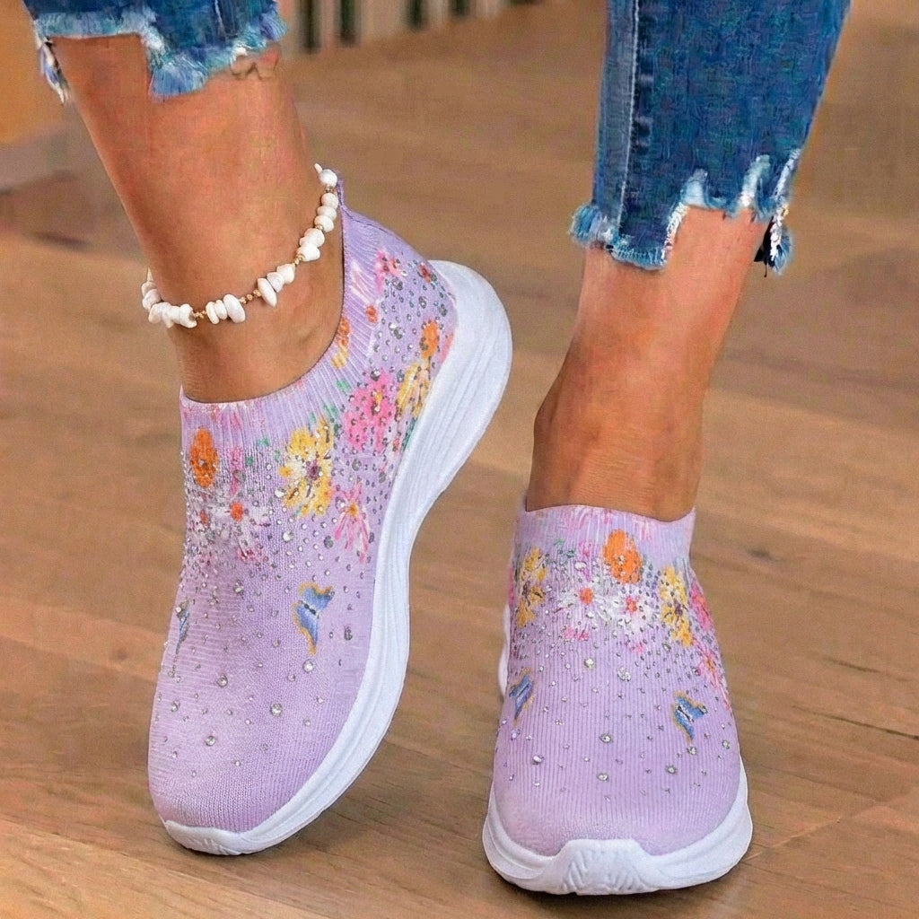 Orthopädische Strick-Slip-On-Sneaker - Schmetterings- und Blumendruck und Kristall-Verzierungen