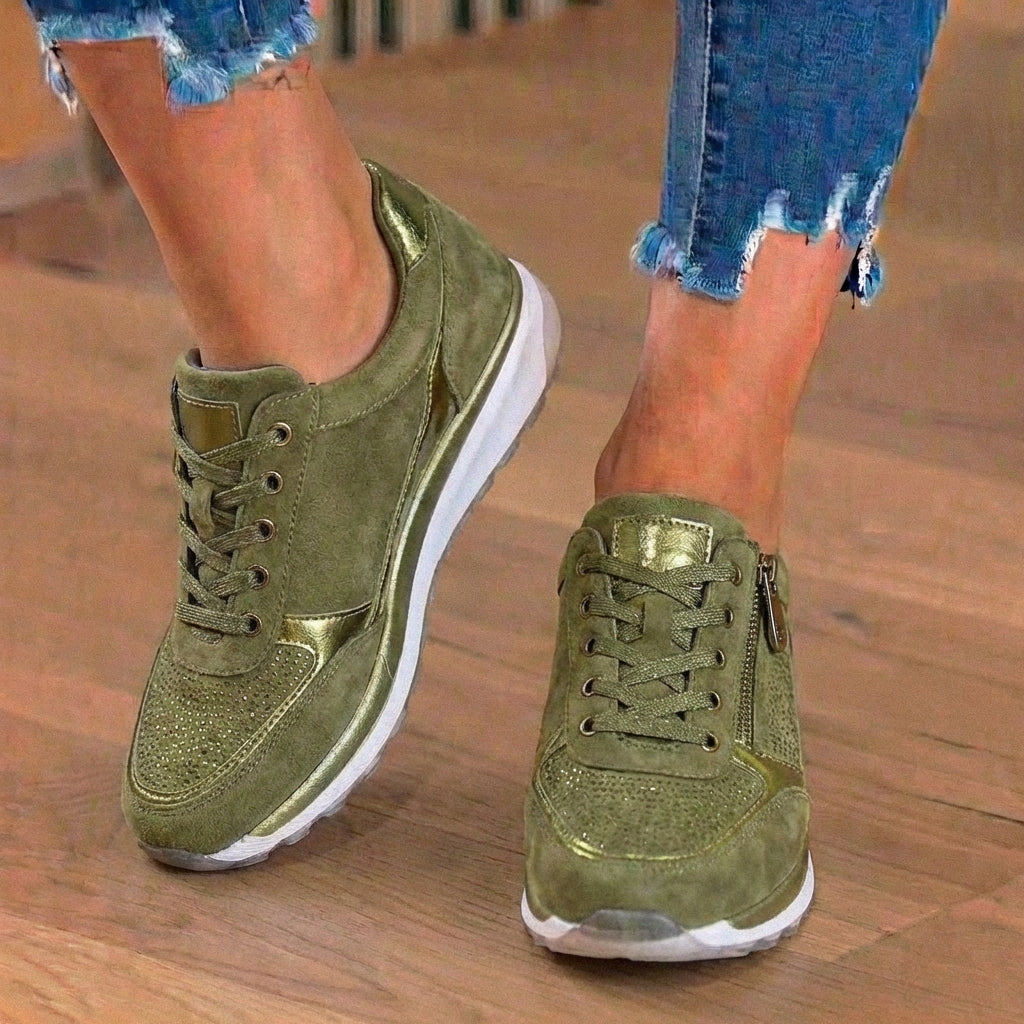 Orthopädische Wildleder-Keilabsatz-Sneaker - mit Strass besetztes Design und versteckter Höhenboost