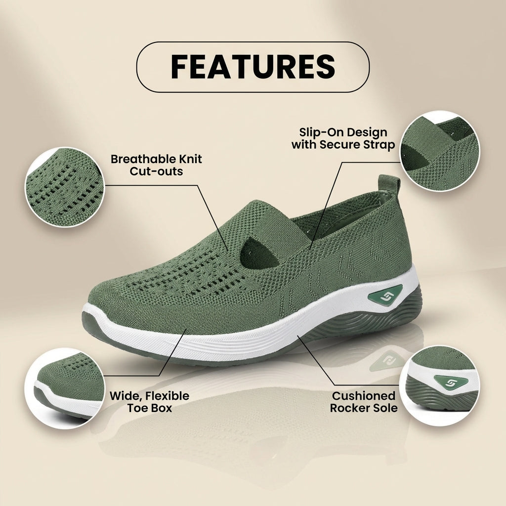 Orthopädische Strick-Slip-On-Keilabsatz-Sneaker - ausgeschnittenes Tropfen-Design und Rocker-Sohle