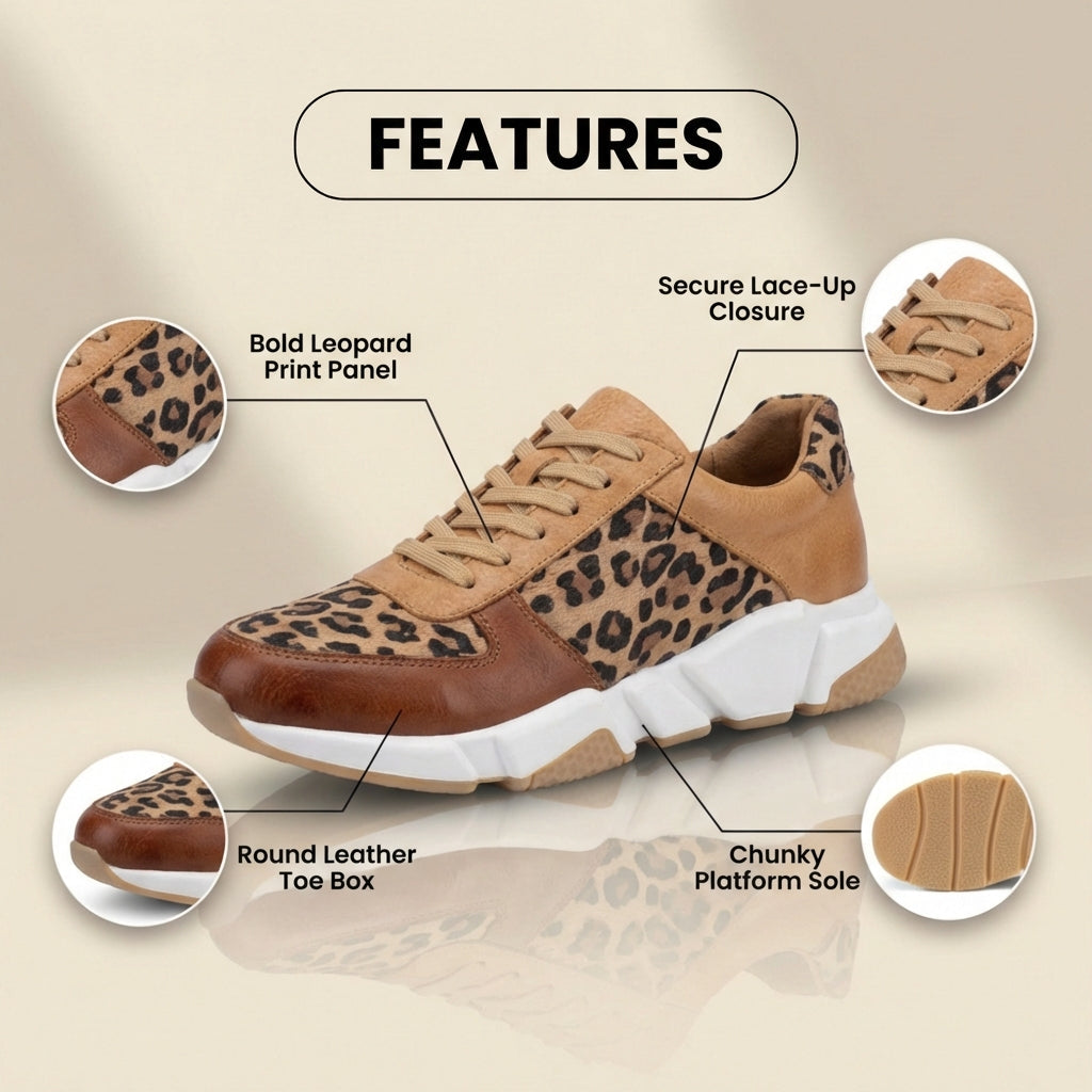Orthopädische Leder-Plateau-Sneaker - Leoparden-Print-Paneele und Schnürverschluss