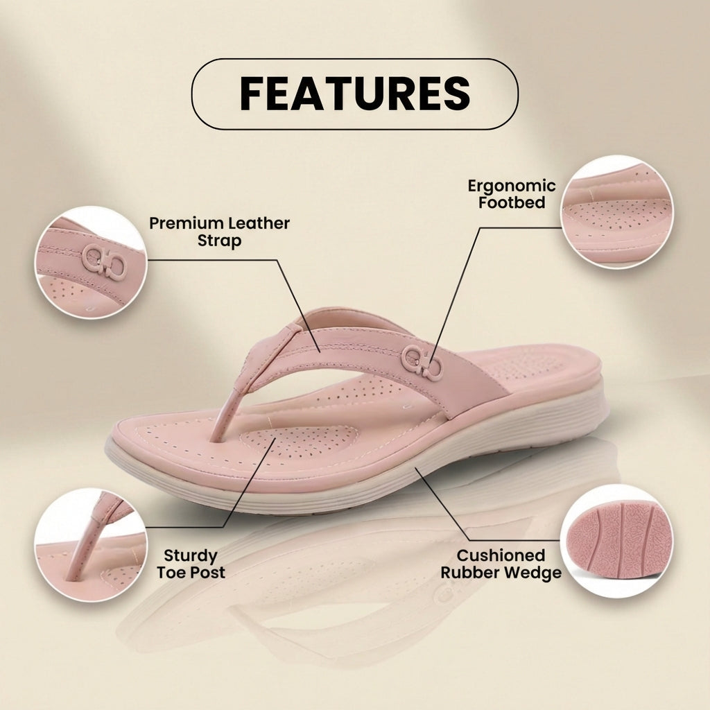 Orthopädische Leder-Flip-Flops - Zehenstegsandalen-Design und goldene Hardware-Akzente