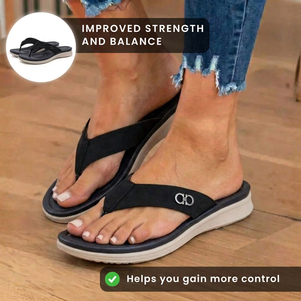 Orthopädische Leder-Flip-Flops - Zehenstegsandalen-Design und goldene Hardware-Akzente