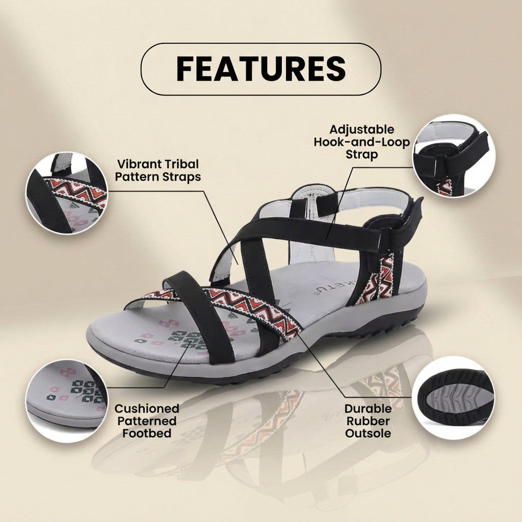 Orthopädische Textil-Sandalen - bohemisches Riemen-Design und geometrische Trim-Details