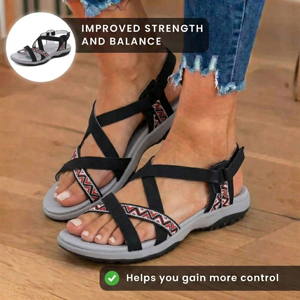 Orthopädische Textil-Sandalen - bohemisches Riemen-Design und geometrische Trim-Details