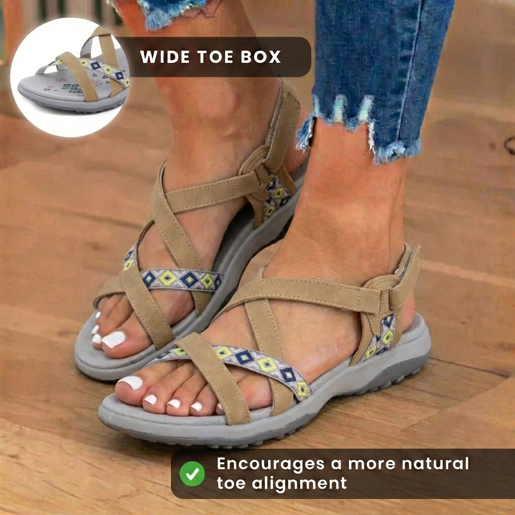 Orthopädische Textil-Sandalen - bohemisches Riemen-Design und geometrische Trim-Details