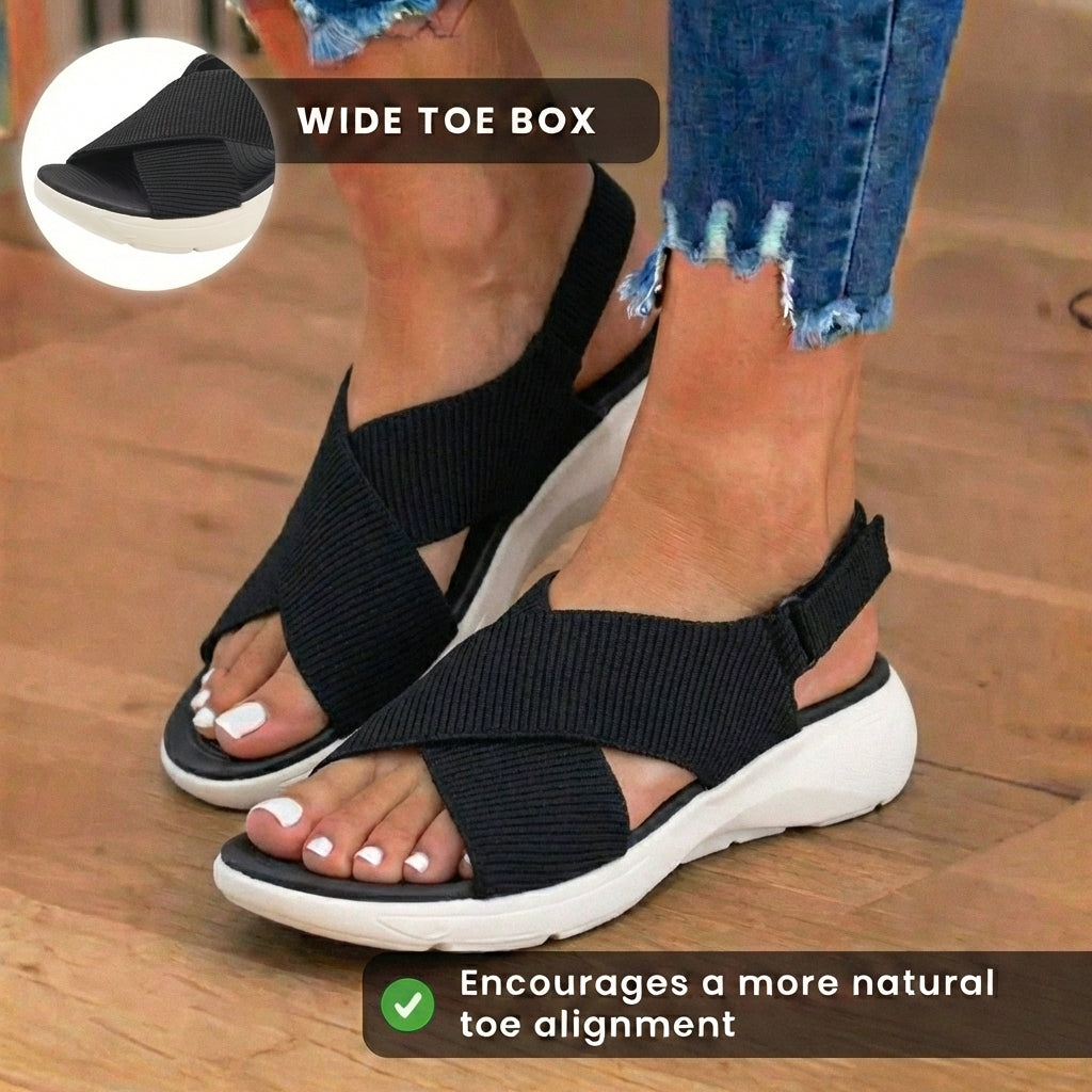 Orthopädische Strickstoff-Sandalen - Überkreuzriemen-Design und Plateau-Sohle mit Polsterung