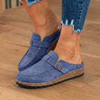 Orthopädische Wildleder-Schnallen-Mules - Kontrastnaht-Detail