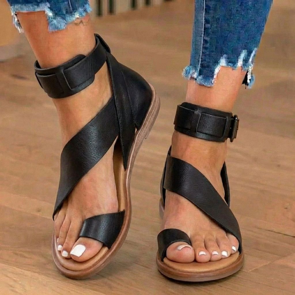 Orthopädische Wildleder-Knöchelriemen-Gladiatoren-Sandalen - breiter Schnallenriemen