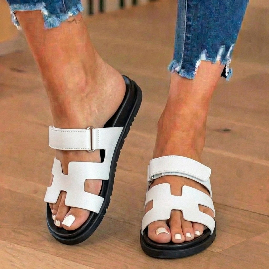 Orthopädische Leder-H-Träger-Slide-Sandalen - Verstellbarer Schnallenverschluss