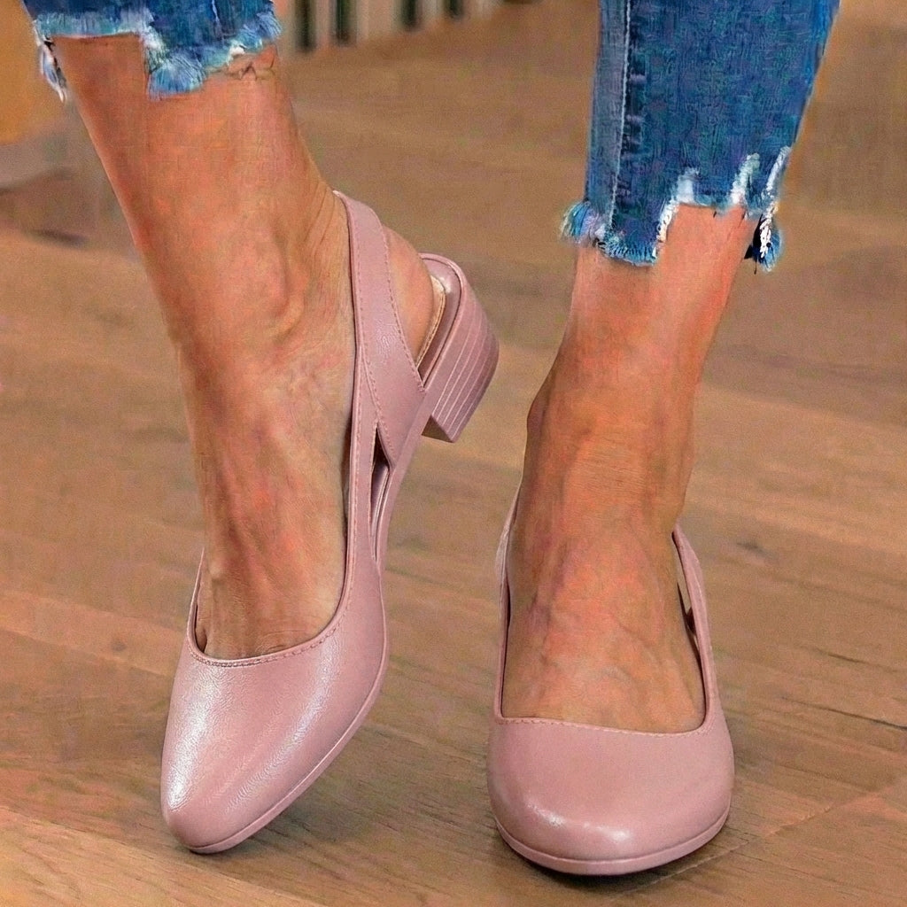 Orthopädische Leder-V-Ausschnitt-Blockabsatz-Pumps - Topstitch-Detail