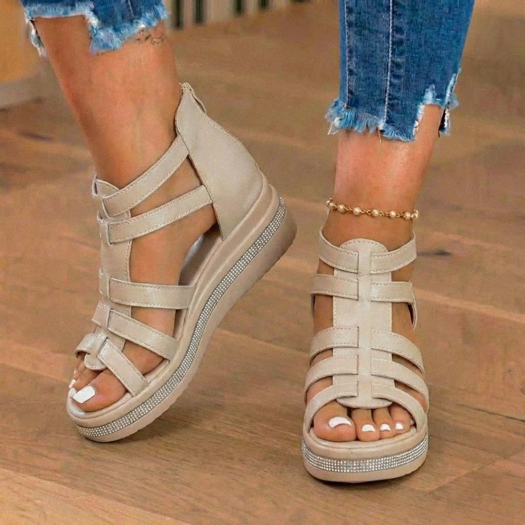Orthopädische Leder-Gladiator-Plateausandalen - Kristall-Strass-Besatz