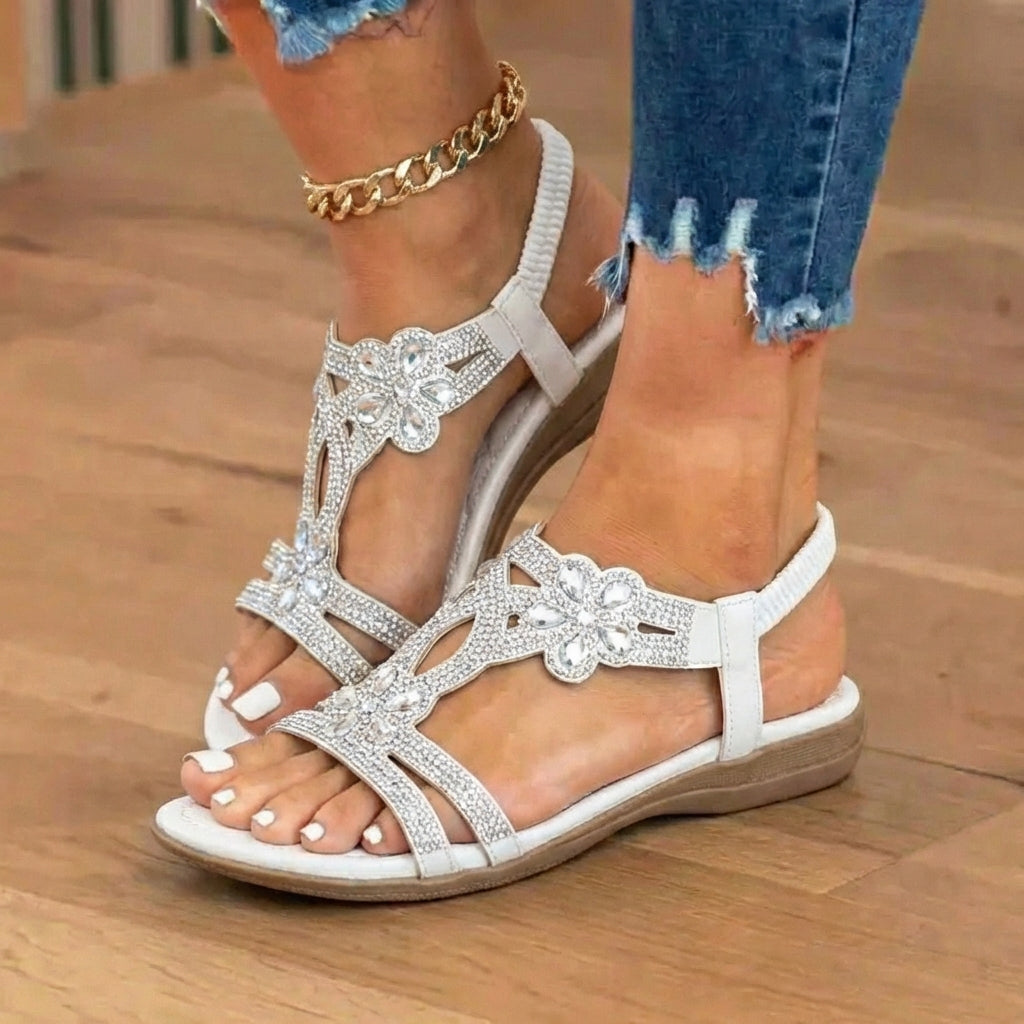 Orthopädische verzierte Keilsandalen - Strass-Blumenmuster & elastisches Slingback