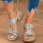 Orthopädische verzierte Keilsandalen - Strass-Blumenmuster & elastisches Slingback