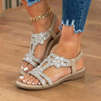 Orthopädische verzierte Keilsandalen - Strass-Blumenmuster & elastisches Slingback