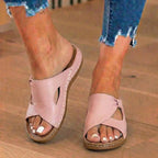 Orthopädische Leder-Crossover-Slide-Sandalen - Kontrastnaht-Detail