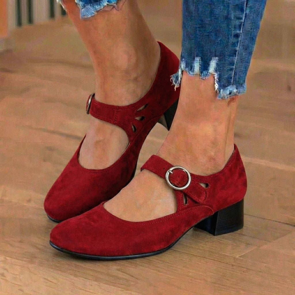 Orthopädische Wildleder-Mary-Jane-Blockabsätze - Ringschnalle & Ausschnitt-Detail