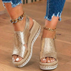 Orthopädische metallische Croc-Platform-Sandalen - Espadrille-Keil & verzierter Saum