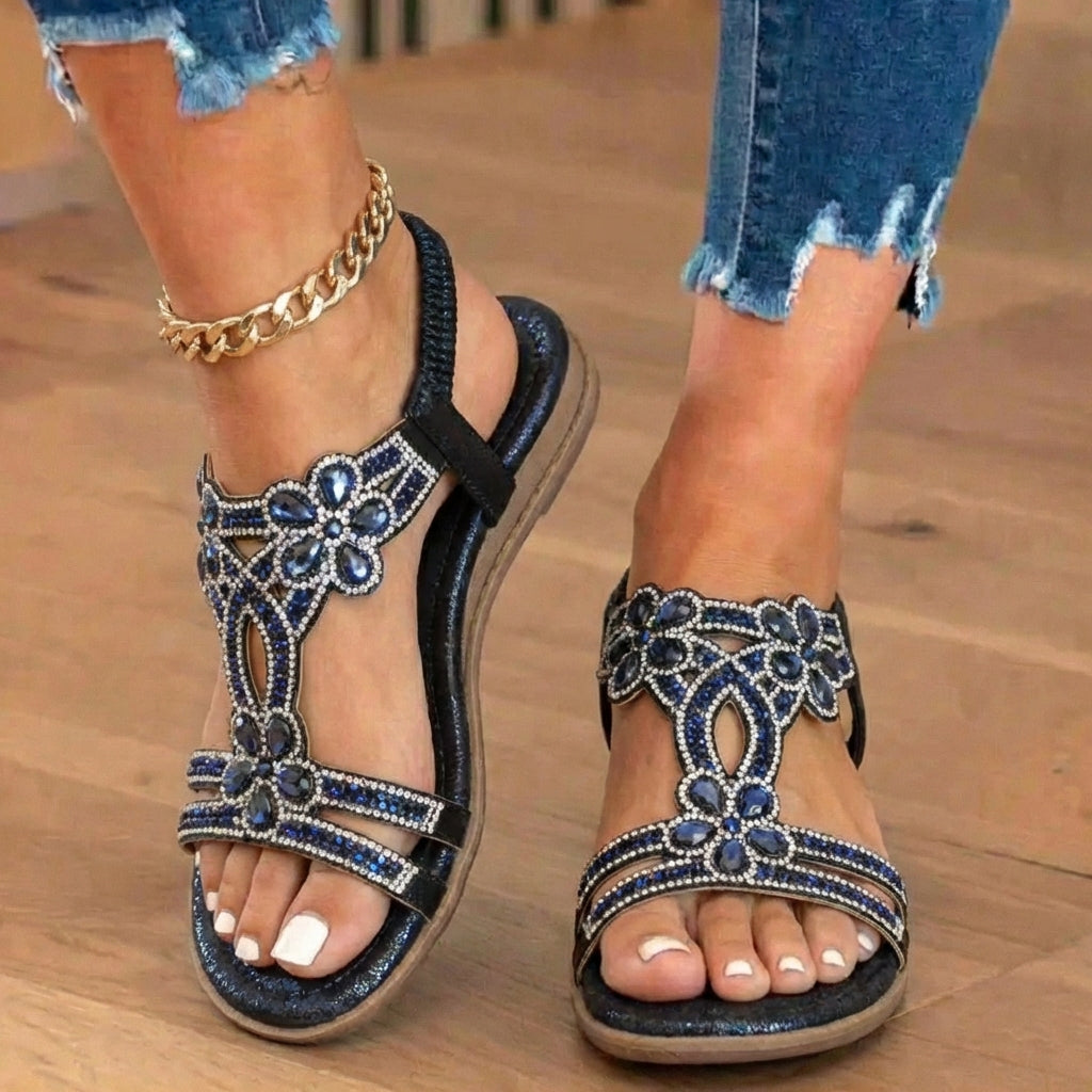 Orthopädische verzierte Keilsandalen - Strass-Blumenmuster & elastisches Slingback