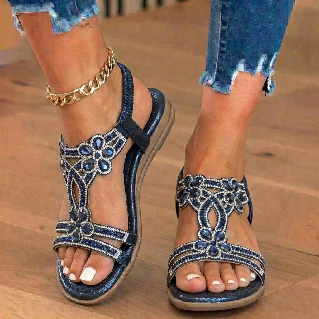Orthopädische verzierte Keilsandalen - Strass-Blumenmuster & elastisches Slingback