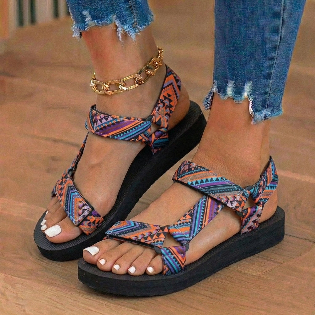Orthopädische Tribal-Print-Platform-Sandalen - Verstellbare Binderiemen
