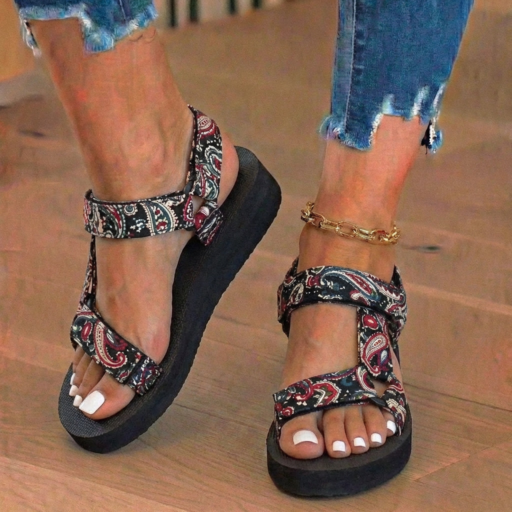 Orthopädische Tribal-Print-Platform-Sandalen - Verstellbare Binderiemen