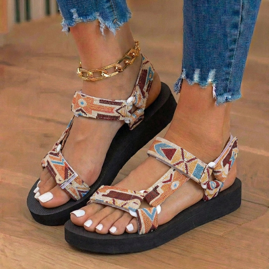 Orthopädische Tribal-Print-Platform-Sandalen - Verstellbare Binderiemen