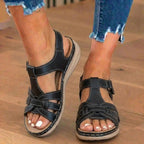 Orthopädische Leder-geflochtene T-Träger-Sandalen - Knöchelschnalle & Korksohle