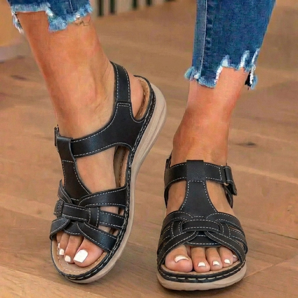 Orthopädische Leder-geflochtene T-Träger-Sandalen - Knöchelschnalle & Korksohle