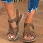 Orthopädische Leder-geflochtene T-Träger-Sandalen - Knöchelschnalle & Korksohle