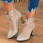 Orthopädische Mesh-Strass-Knöchel-Booties - Transparentes Panel & Blockabsatz