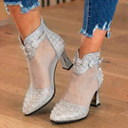 Orthopädische Mesh-Strass-Knöchel-Booties - Transparentes Panel & Blockabsatz