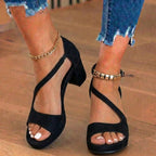 Orthopädische Wildleder-Blockabsatz-Sandalen - Metallischer Perlen-Knöchelriemen