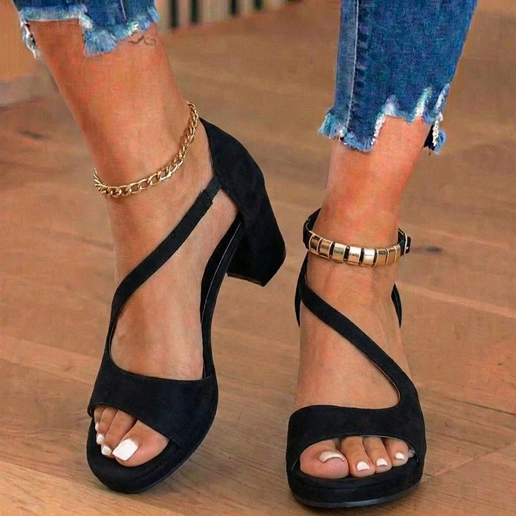Orthopädische Wildleder-Blockabsatz-Sandalen - Metallischer Perlen-Knöchelriemen