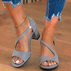 Orthopädische Wildleder-Blockabsatz-Sandalen - Metallischer Perlen-Knöchelriemen