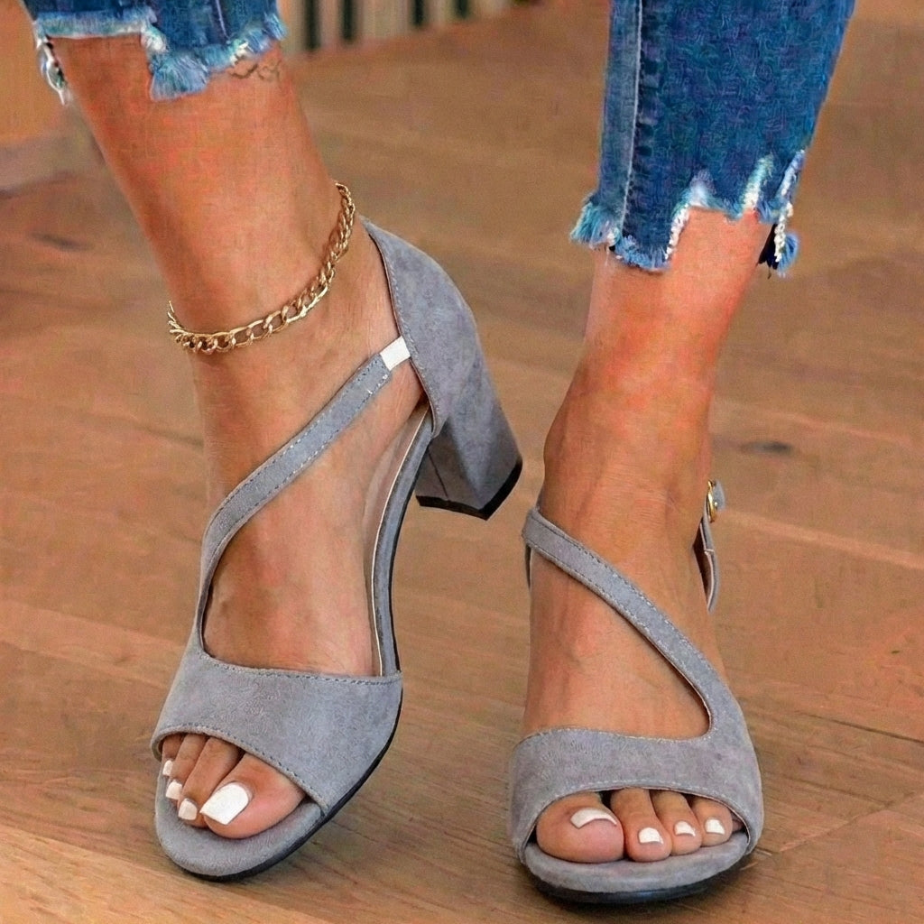 Orthopädische Wildleder-Blockabsatz-Sandalen - Metallischer Perlen-Knöchelriemen