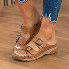 Orthopädische Leder-Platform-Slide-Sandalen - Doppelte Schnalle perforiertes Design