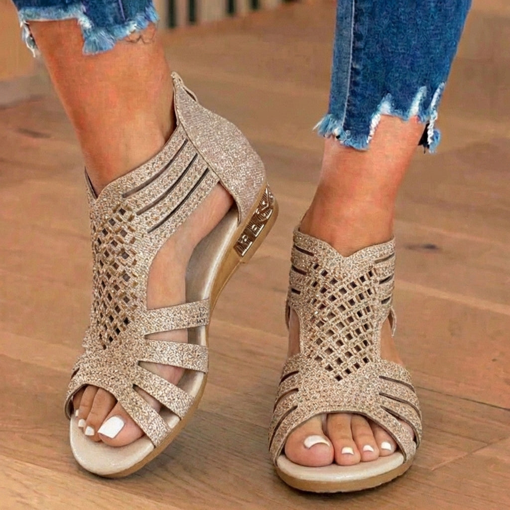 Orthopädische Glitter-Gladiator-Keilsandalen - Multi-Riemen geometrischer Ausschnitt