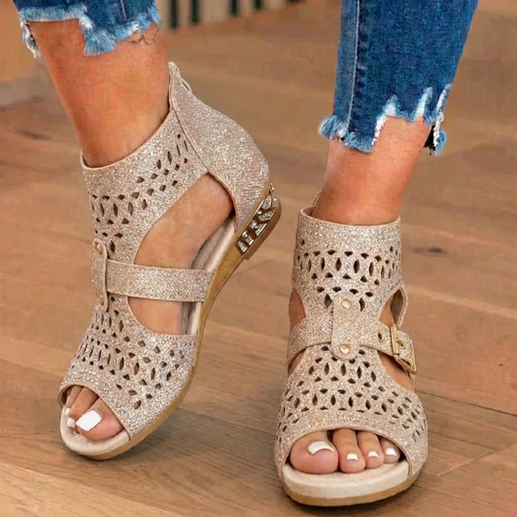 Orthopädische Glitter-Gladiator-Keilsandalen - Multi-Riemen geometrischer Ausschnitt