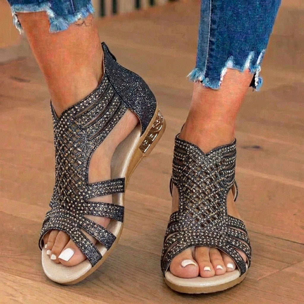 Orthopädische Glitter-Gladiator-Keilsandalen - Multi-Riemen geometrischer Ausschnitt