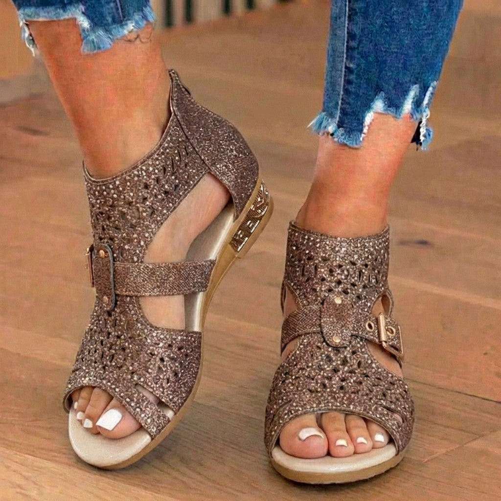 Orthopädische Glitter-Gladiator-Keilsandalen - Multi-Riemen geometrischer Ausschnitt