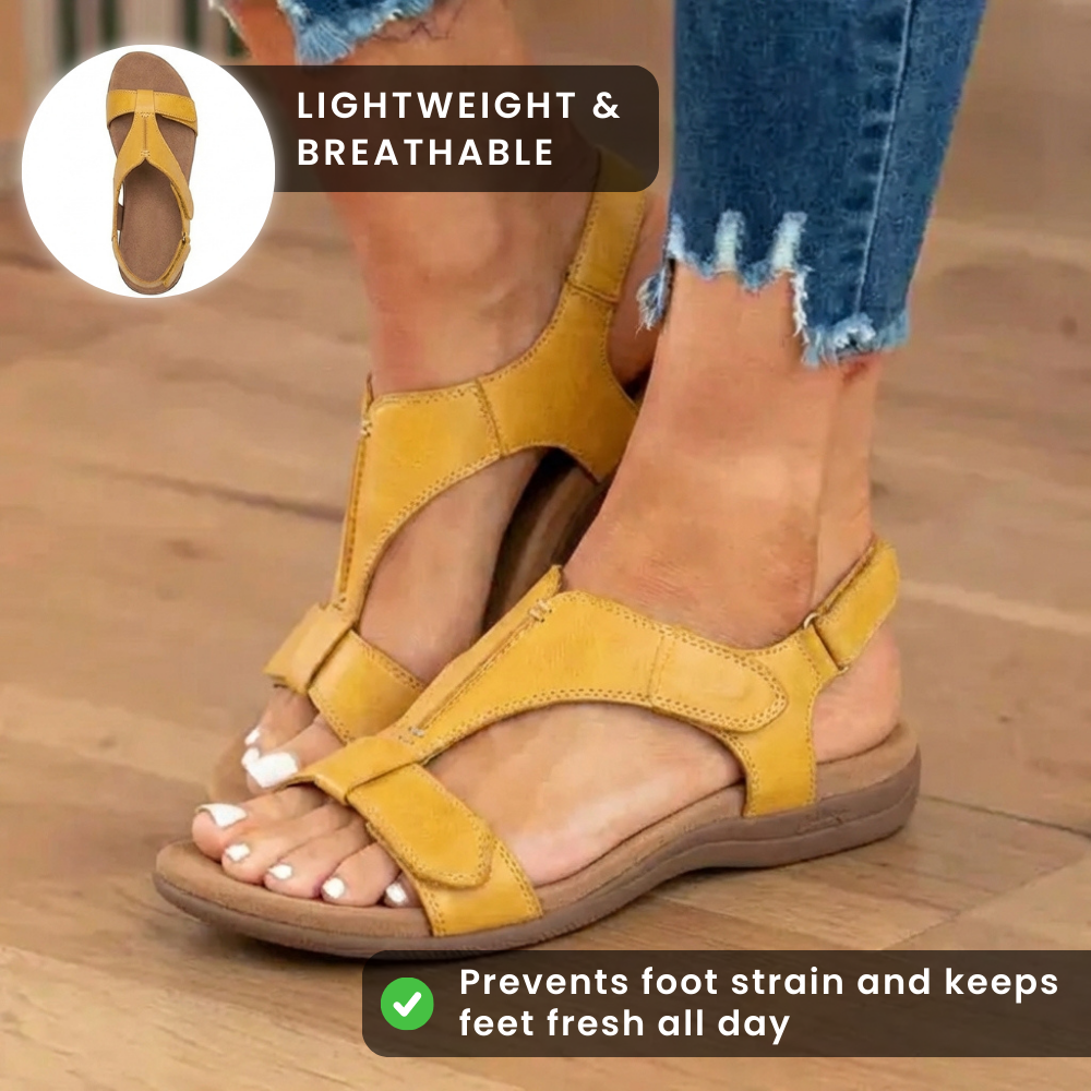Orthopädische Leder-Knöchelriemen-Sandalen - Konturierter T-Bar Korkfußbett