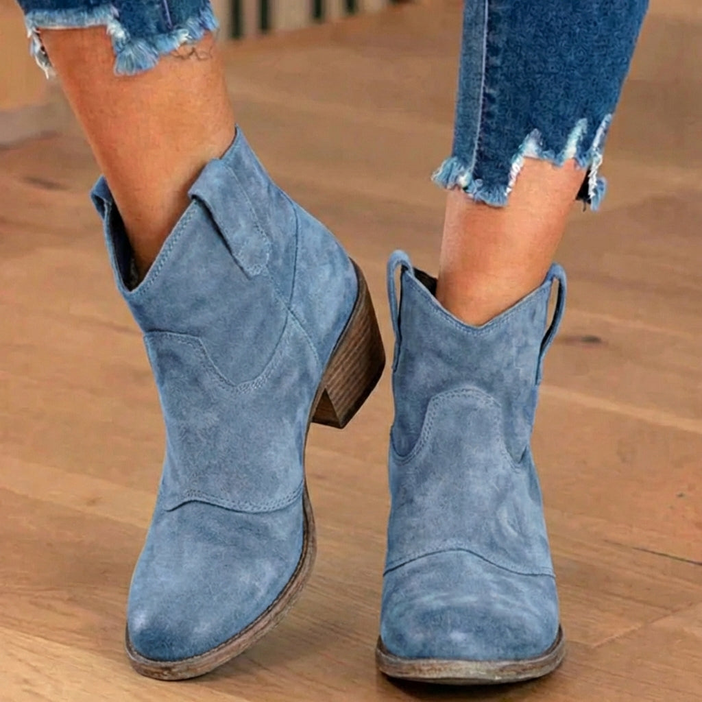 Orthopädische Wildleder-Western-Knöchelstiefel - Niedriger Blockabsatz Slip-On