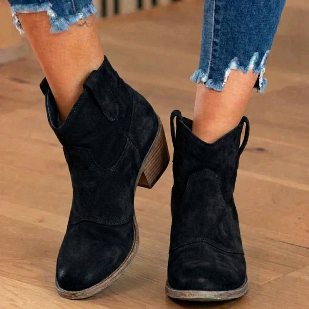 Orthopädische Wildleder-Western-Knöchelstiefel - Niedriger Blockabsatz Slip-On