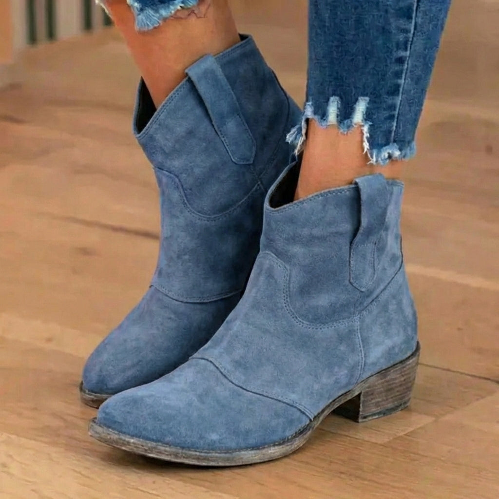 Orthopädische Wildleder-Western-Knöchelstiefel - Niedriger Blockabsatz Slip-On