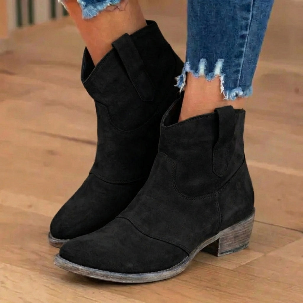 Orthopädische Wildleder-Western-Knöchelstiefel - Niedriger Blockabsatz Slip-On