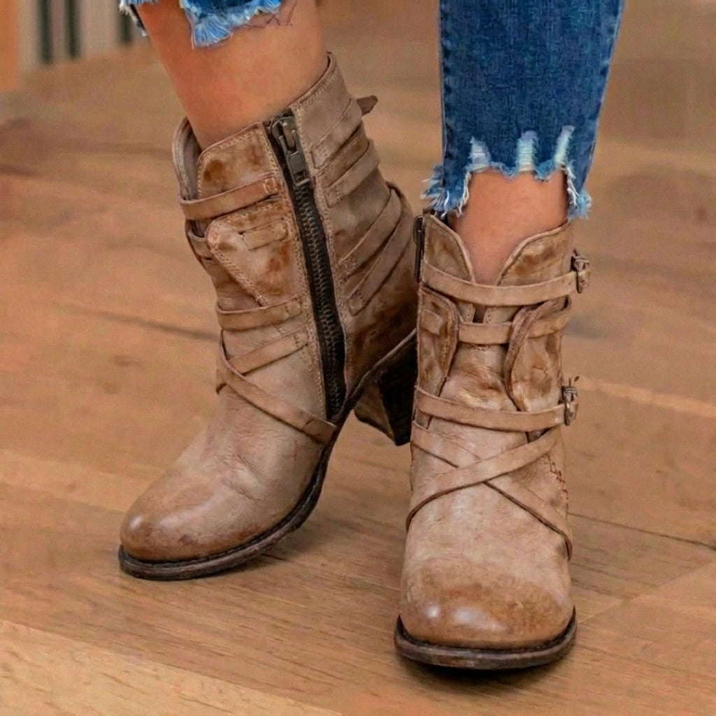 Orthopädische Leder-Multi-Riemen-Knöchelstiefel - Seitenschluss-Schnalle