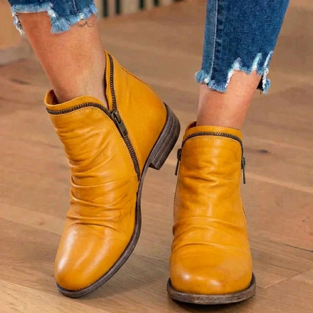 Orthopädische Leder-Stiefel mit Raffung - Seitenschluss niedriger Absatz