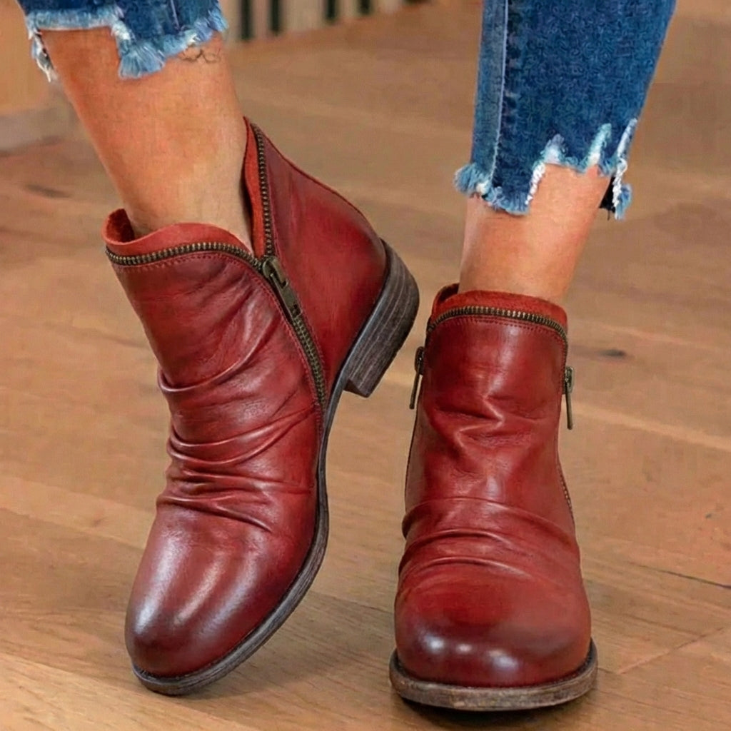 Orthopädische Leder-Stiefel mit Raffung - Seitenschluss niedriger Absatz