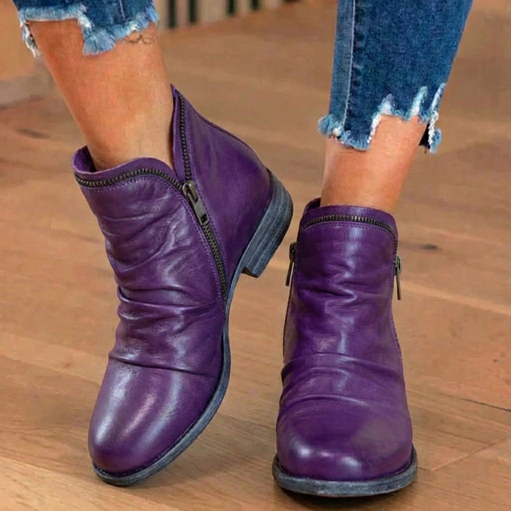 Orthopädische Leder-Stiefel mit Raffung - Seitenschluss niedriger Absatz