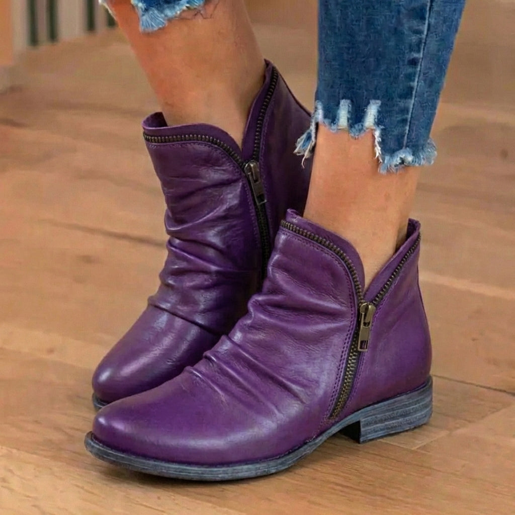 Orthopädische Leder-Stiefel mit Raffung - Seitenschluss niedriger Absatz
